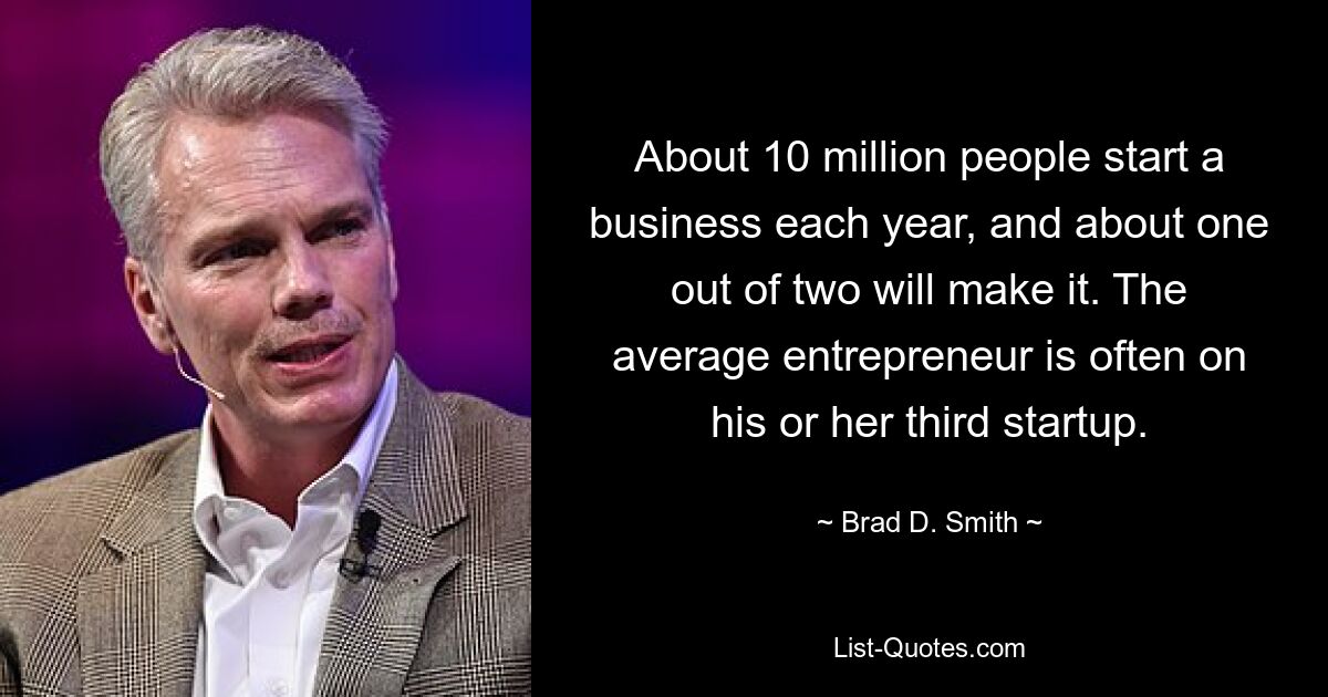 About 10 million people start a business each year, and about one out of two will make it. The average entrepreneur is often on his or her third startup. — © Brad D. Smith