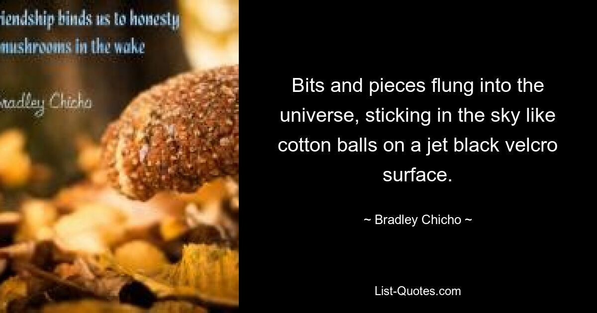 Bits and pieces flung into the universe, sticking in the sky like cotton balls on a jet black velcro surface. — © Bradley Chicho