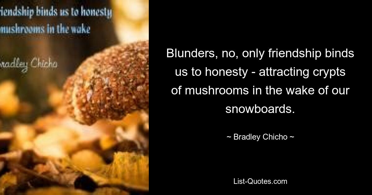 Blunders, no, only friendship binds us to honesty - attracting crypts of mushrooms in the wake of our snowboards. — © Bradley Chicho