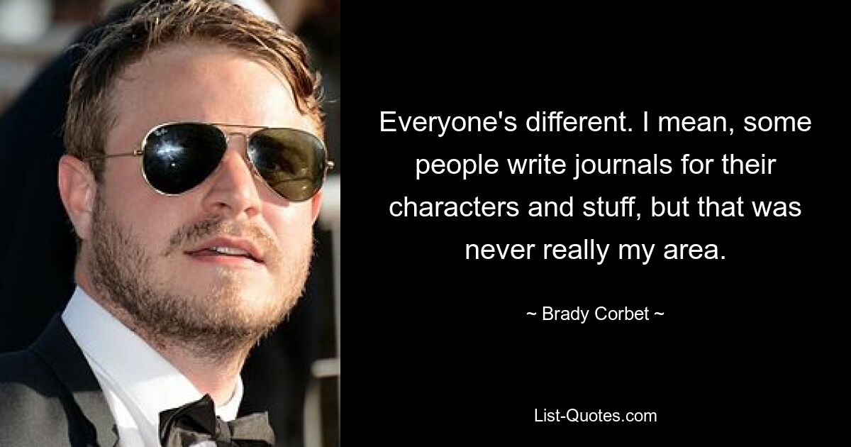 Everyone's different. I mean, some people write journals for their characters and stuff, but that was never really my area. — © Brady Corbet