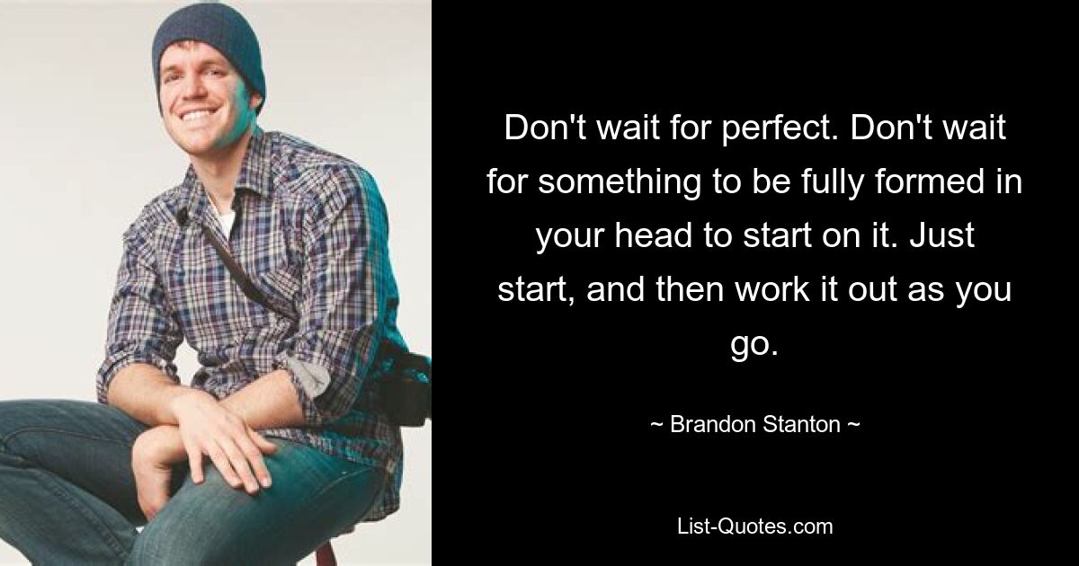 Don't wait for perfect. Don't wait for something to be fully formed in your head to start on it. Just start, and then work it out as you go. — © Brandon Stanton