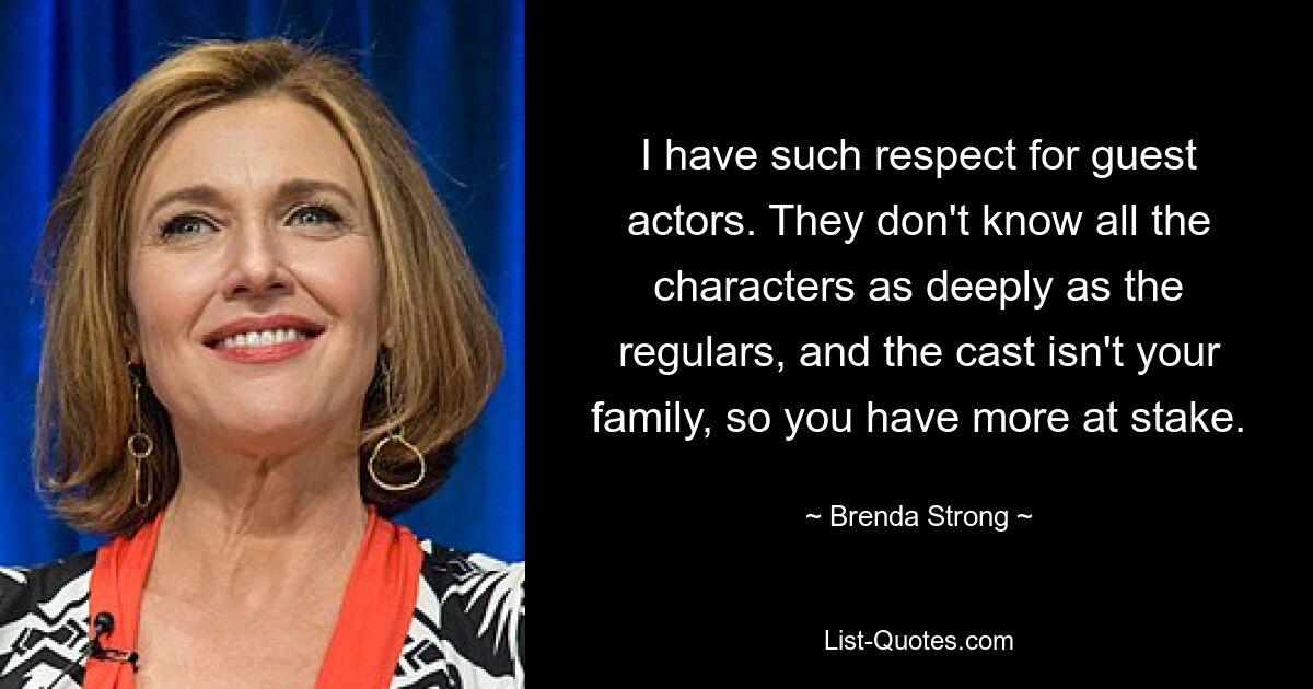 I have such respect for guest actors. They don't know all the characters as deeply as the regulars, and the cast isn't your family, so you have more at stake. — © Brenda Strong