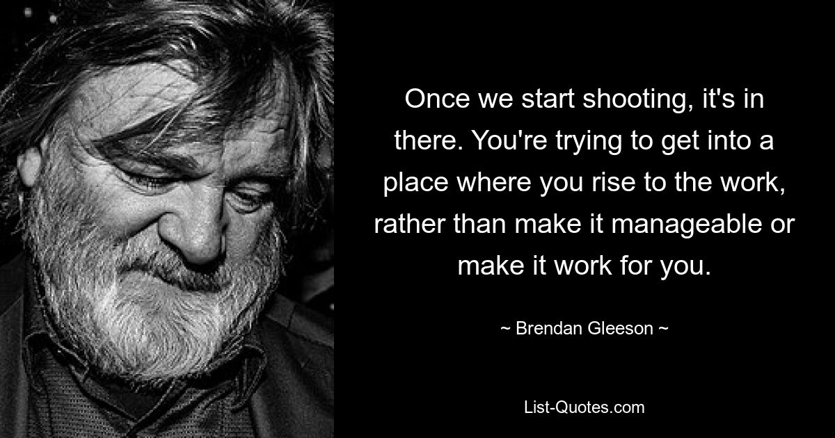 Once we start shooting, it's in there. You're trying to get into a place where you rise to the work, rather than make it manageable or make it work for you. — © Brendan Gleeson