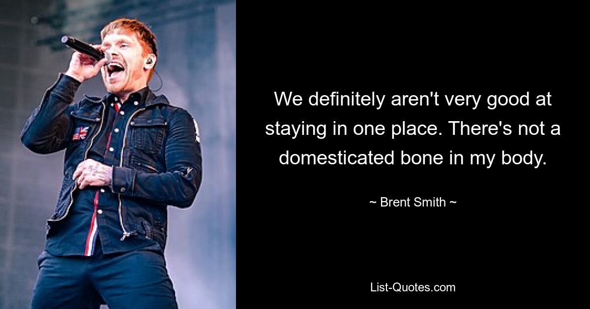 We definitely aren't very good at staying in one place. There's not a domesticated bone in my body. — © Brent Smith