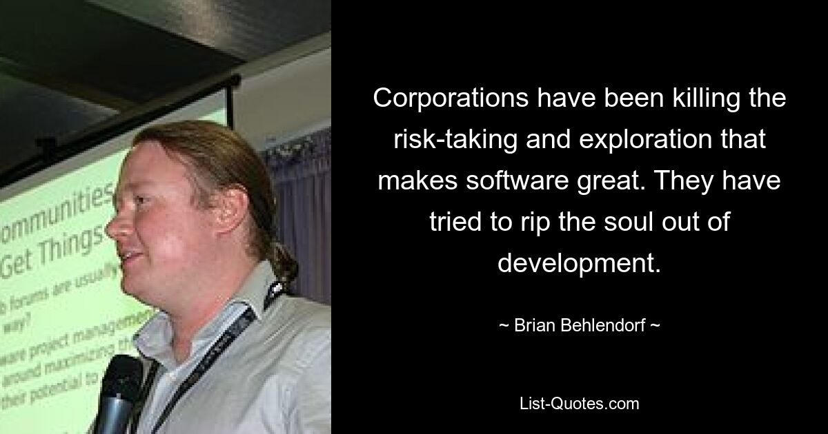 Corporations have been killing the risk-taking and exploration that makes software great. They have tried to rip the soul out of development. — © Brian Behlendorf