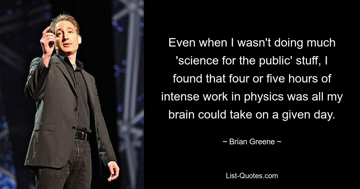 Even when I wasn't doing much 'science for the public' stuff, I found that four or five hours of intense work in physics was all my brain could take on a given day. — © Brian Greene