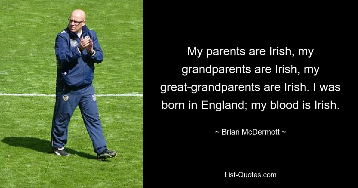 My parents are Irish, my grandparents are Irish, my great-grandparents are Irish. I was born in England; my blood is Irish. — © Brian McDermott