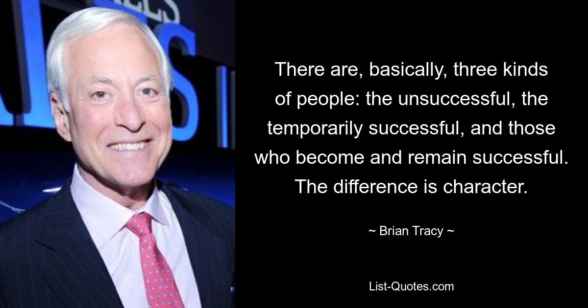 There are, basically, three kinds of people: the unsuccessful, the temporarily successful, and those who become and remain successful. The difference is character. — © Brian Tracy