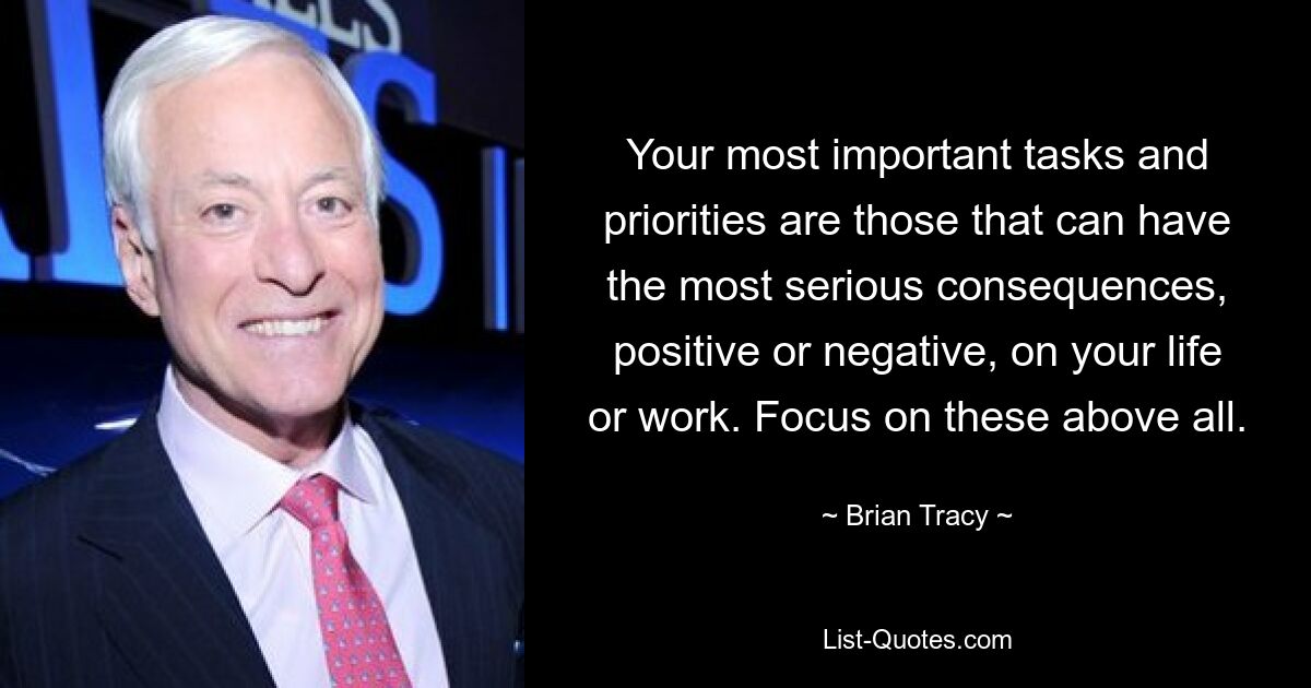 Your most important tasks and priorities are those that can have the most serious consequences, positive or negative, on your life or work. Focus on these above all. — © Brian Tracy