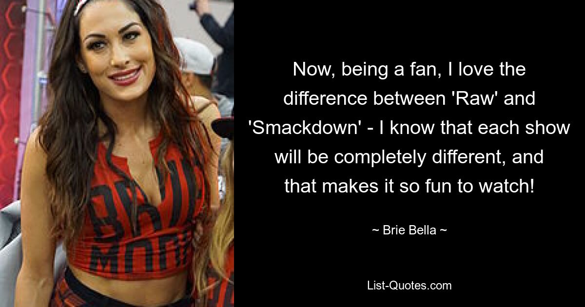 Now, being a fan, I love the difference between 'Raw' and 'Smackdown' - I know that each show will be completely different, and that makes it so fun to watch! — © Brie Bella