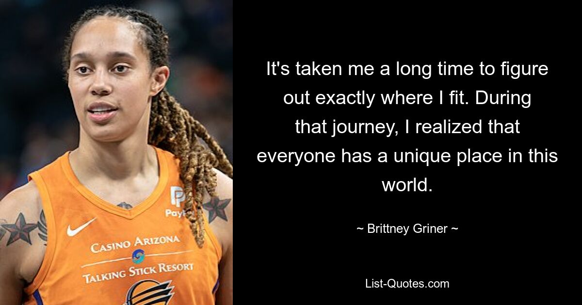 It's taken me a long time to figure out exactly where I fit. During that journey, I realized that everyone has a unique place in this world. — © Brittney Griner