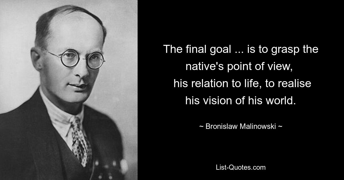 The final goal ... is to grasp the native's point of view, 
 his relation to life, to realise his vision of his world. — © Bronislaw Malinowski