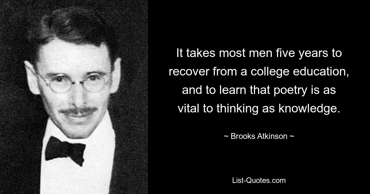 It takes most men five years to recover from a college education, and to learn that poetry is as vital to thinking as knowledge. — © Brooks Atkinson