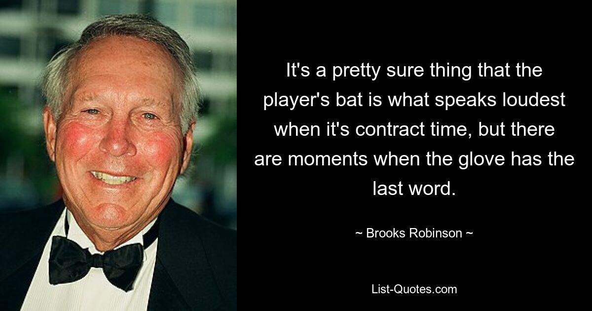 It's a pretty sure thing that the player's bat is what speaks loudest when it's contract time, but there are moments when the glove has the last word. — © Brooks Robinson