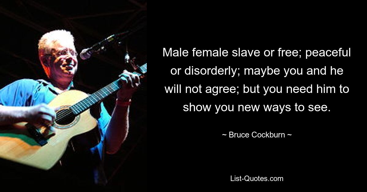 Male female slave or free; peaceful or disorderly; maybe you and he will not agree; but you need him to show you new ways to see. — © Bruce Cockburn