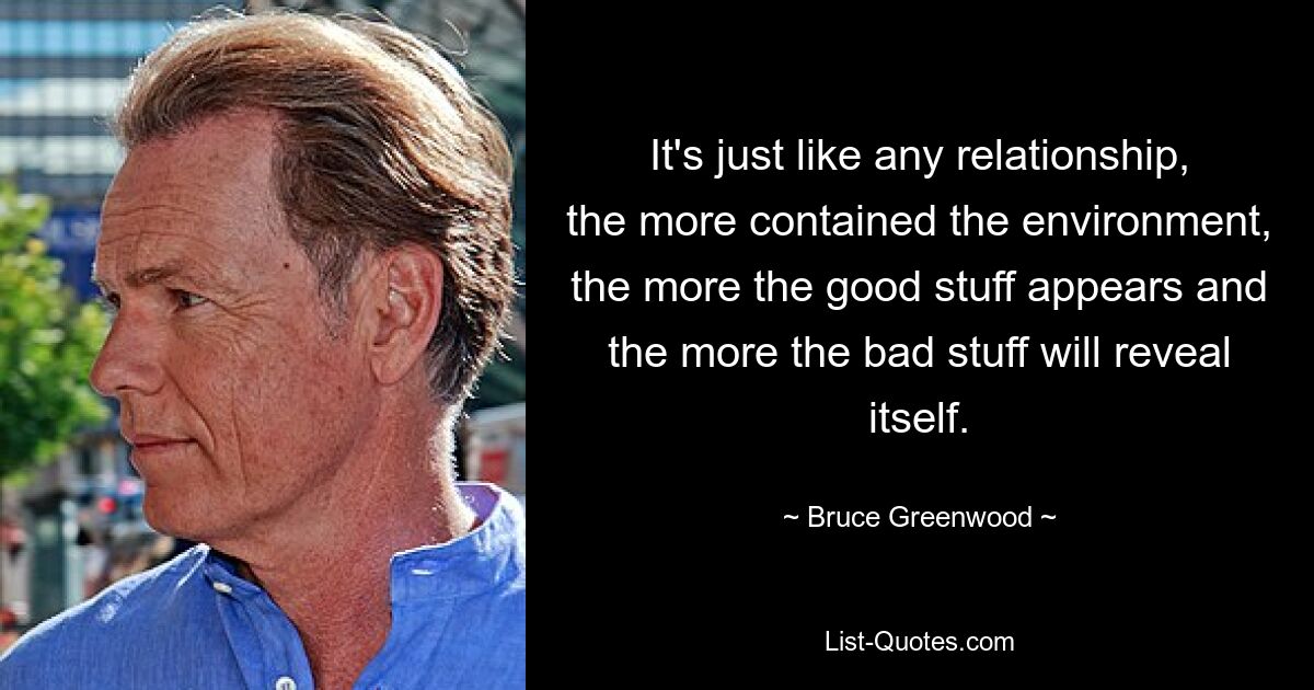 It's just like any relationship, the more contained the environment, the more the good stuff appears and the more the bad stuff will reveal itself. — © Bruce Greenwood