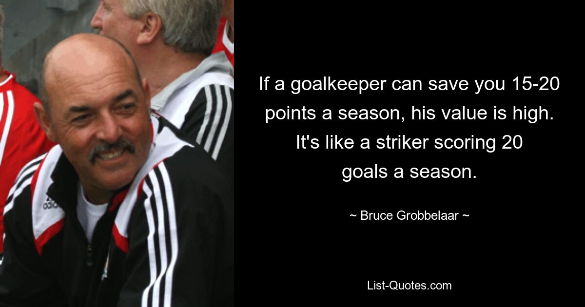 If a goalkeeper can save you 15-20 points a season, his value is high. It's like a striker scoring 20 goals a season. — © Bruce Grobbelaar