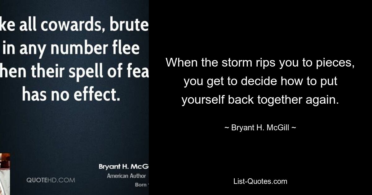 When the storm rips you to pieces, you get to decide how to put yourself back together again. — © Bryant H. McGill