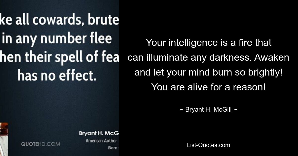 Your intelligence is a fire that can illuminate any darkness. Awaken and let your mind burn so brightly! You are alive for a reason! — © Bryant H. McGill