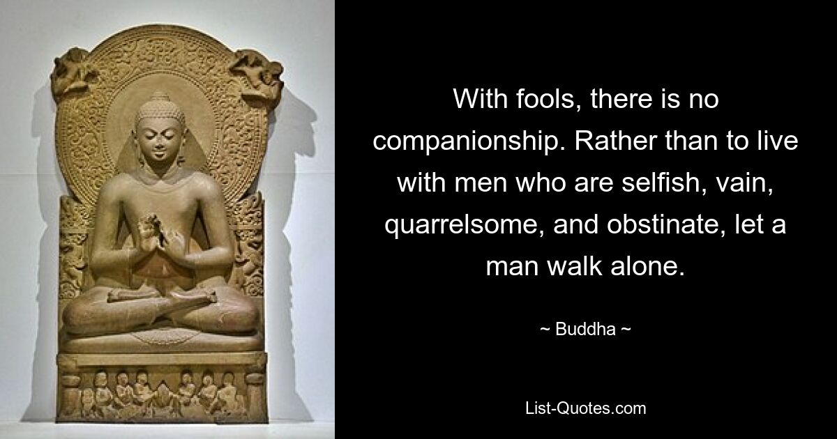 With fools, there is no companionship. Rather than to live with men who are selfish, vain, quarrelsome, and obstinate, let a man walk alone. — © Buddha