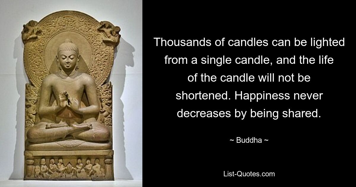 Thousands of candles can be lighted from a single candle, and the life of the candle will not be shortened. Happiness never decreases by being shared. — © Buddha