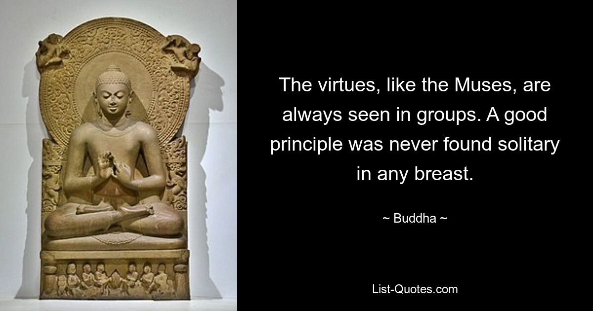 The virtues, like the Muses, are always seen in groups. A good principle was never found solitary in any breast. — © Buddha