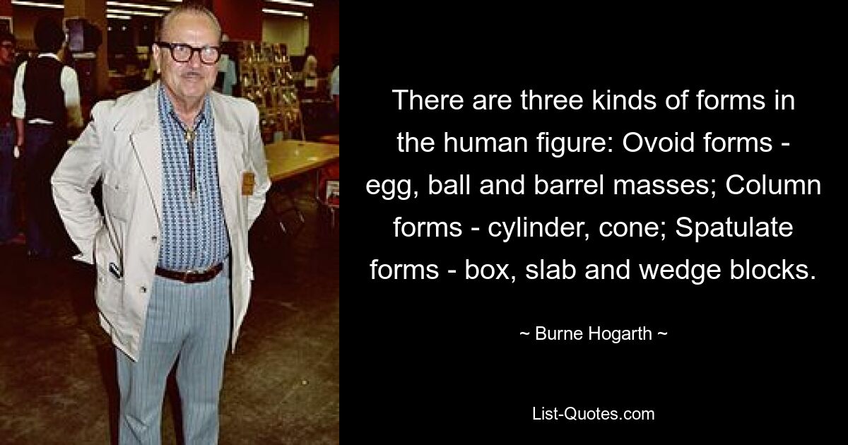 There are three kinds of forms in the human figure: Ovoid forms - egg, ball and barrel masses; Column forms - cylinder, cone; Spatulate forms - box, slab and wedge blocks. — © Burne Hogarth