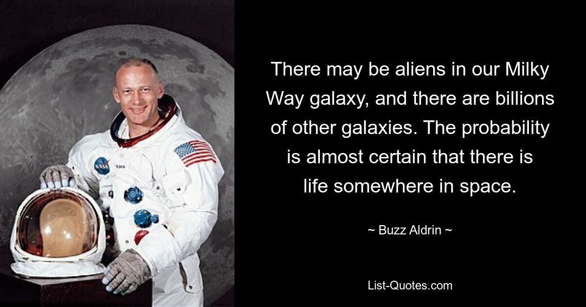 There may be aliens in our Milky Way galaxy, and there are billions of other galaxies. The probability is almost certain that there is life somewhere in space. — © Buzz Aldrin