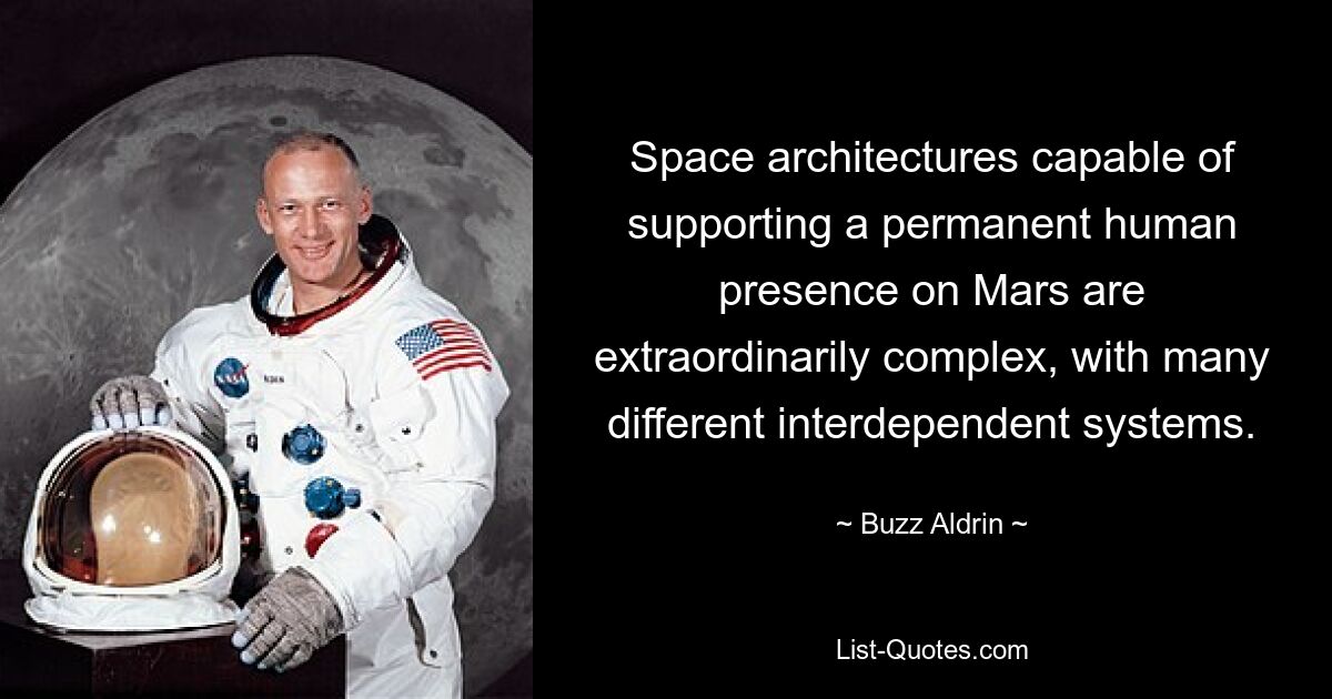 Space architectures capable of supporting a permanent human presence on Mars are extraordinarily complex, with many different interdependent systems. — © Buzz Aldrin