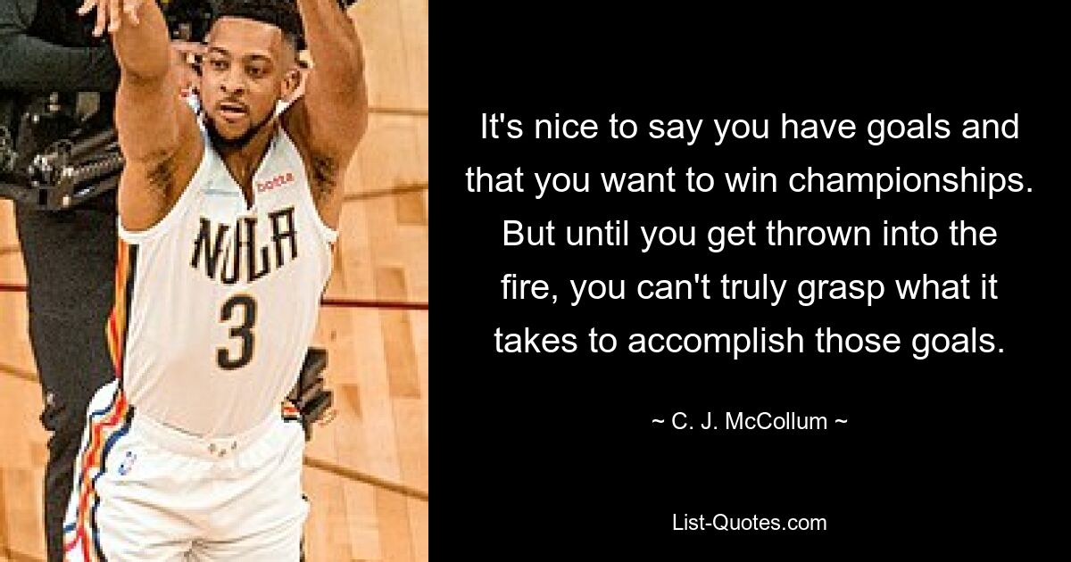 It's nice to say you have goals and that you want to win championships. But until you get thrown into the fire, you can't truly grasp what it takes to accomplish those goals. — © C. J. McCollum