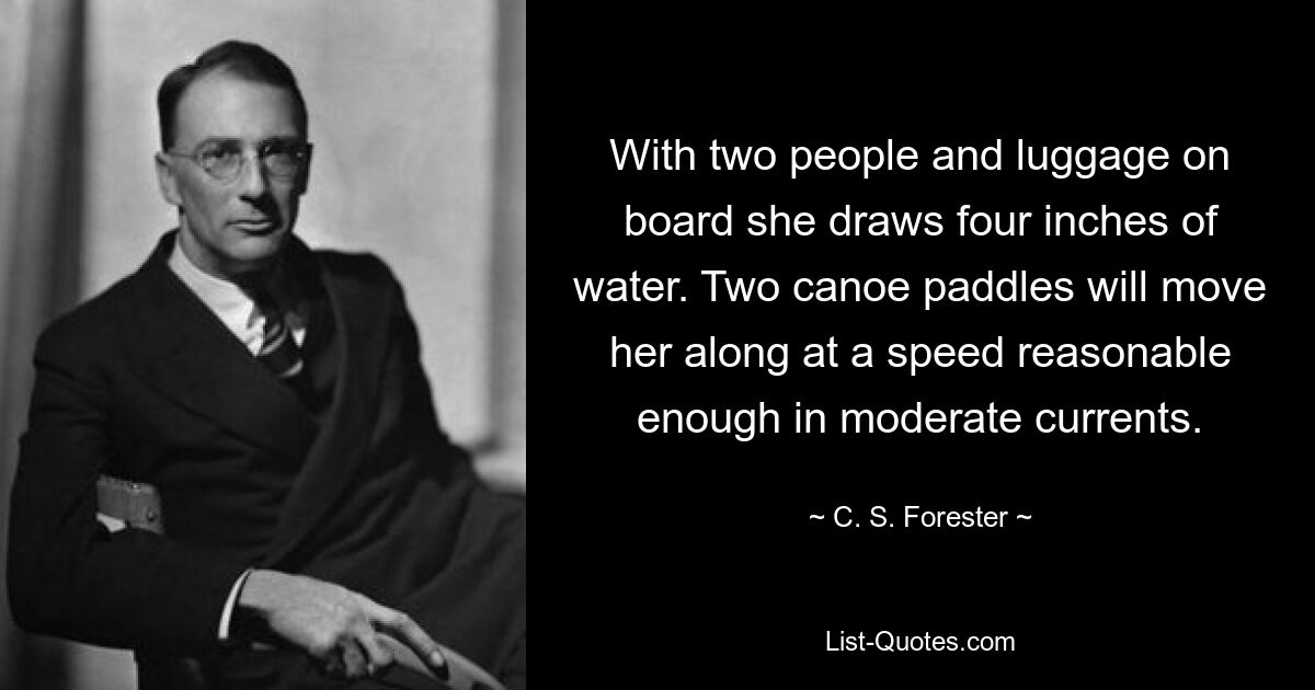 With two people and luggage on board she draws four inches of water. Two canoe paddles will move her along at a speed reasonable enough in moderate currents. — © C. S. Forester