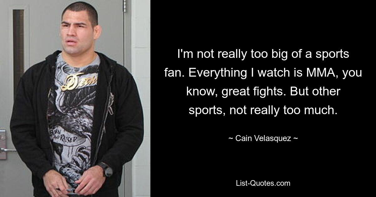 I'm not really too big of a sports fan. Everything I watch is MMA, you know, great fights. But other sports, not really too much. — © Cain Velasquez