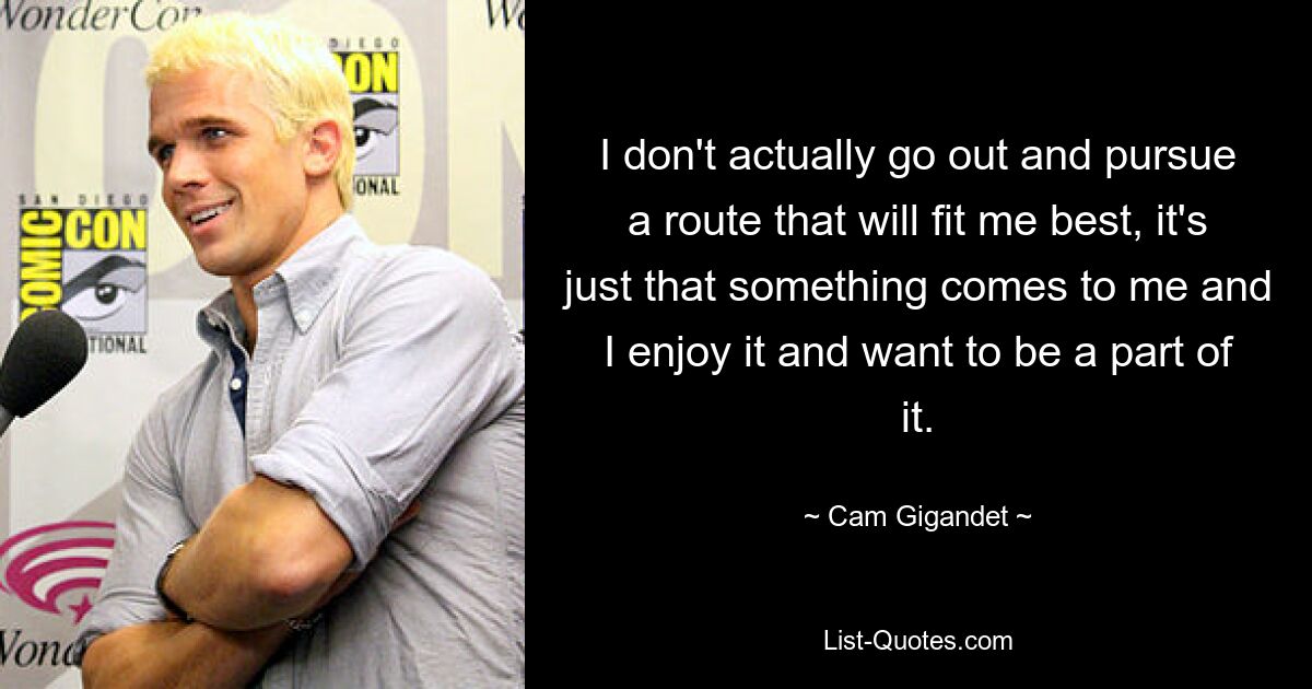 I don't actually go out and pursue a route that will fit me best, it's just that something comes to me and I enjoy it and want to be a part of it. — © Cam Gigandet