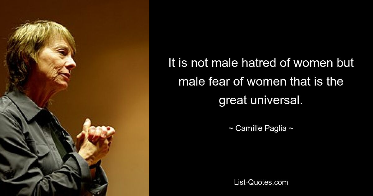 It is not male hatred of women but male fear of women that is the great universal. — © Camille Paglia