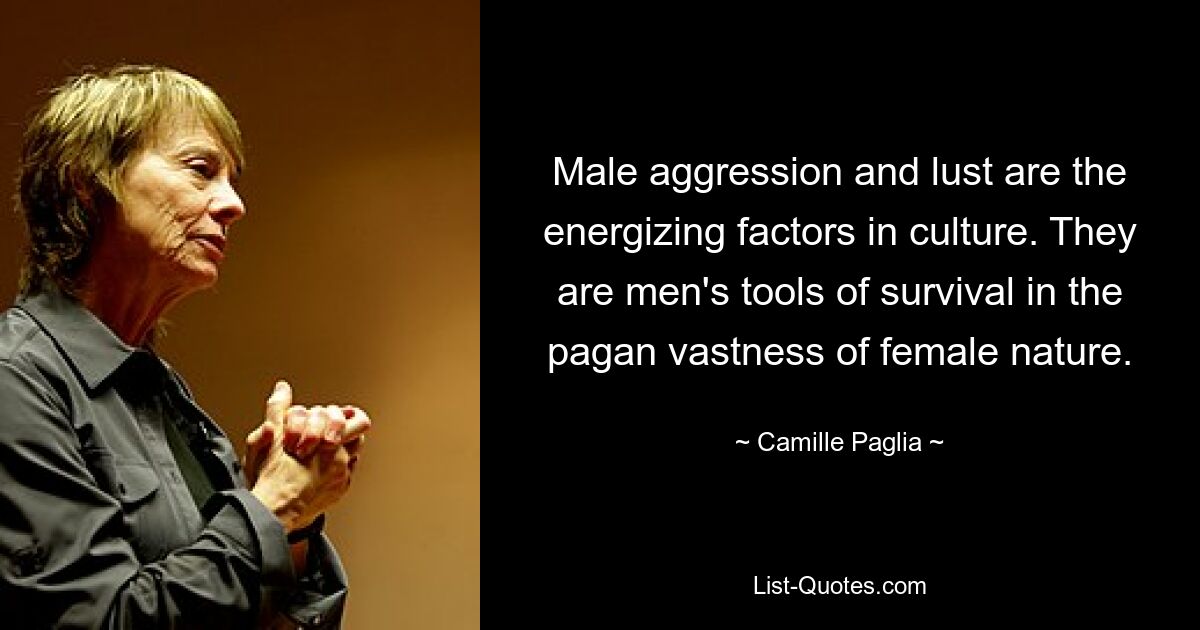 Male aggression and lust are the energizing factors in culture. They are men's tools of survival in the pagan vastness of female nature. — © Camille Paglia