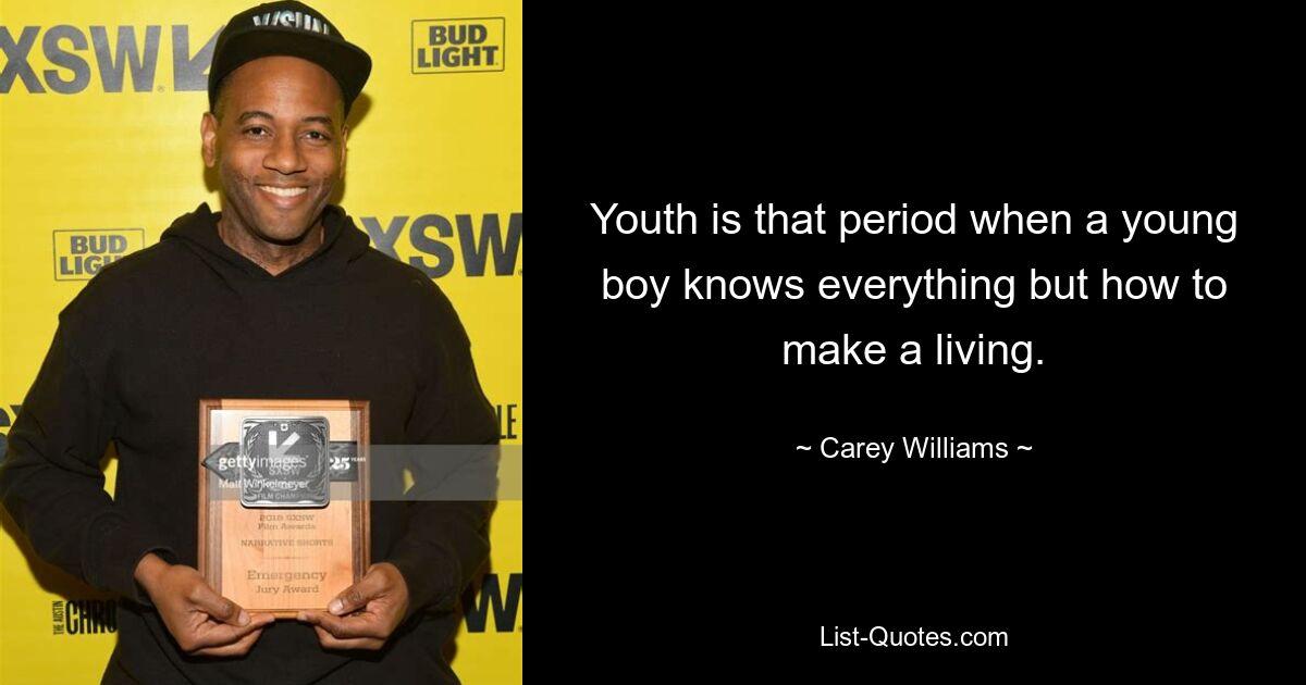 Youth is that period when a young boy knows everything but how to make a living. — © Carey Williams