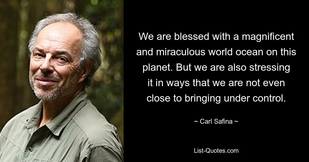 We are blessed with a magnificent and miraculous world ocean on this planet. But we are also stressing it in ways that we are not even close to bringing under control. — © Carl Safina