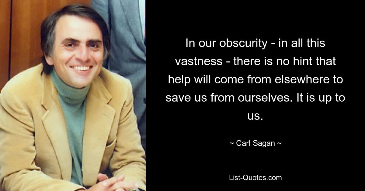 In our obscurity - in all this vastness - there is no hint that help will come from elsewhere to save us from ourselves. It is up to us. — © Carl Sagan