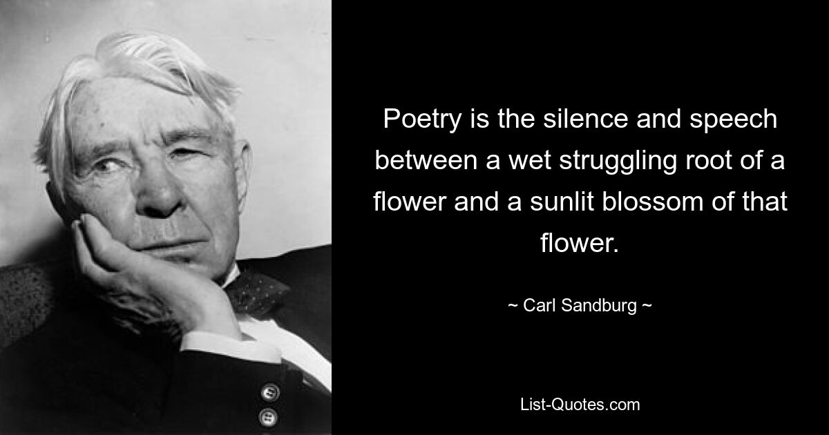 Poetry is the silence and speech between a wet struggling root of a flower and a sunlit blossom of that flower. — © Carl Sandburg