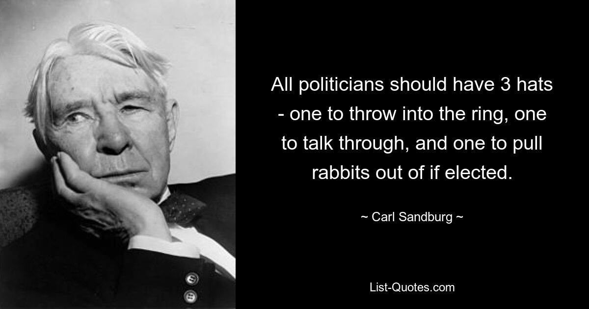 All politicians should have 3 hats - one to throw into the ring, one to talk through, and one to pull rabbits out of if elected. — © Carl Sandburg