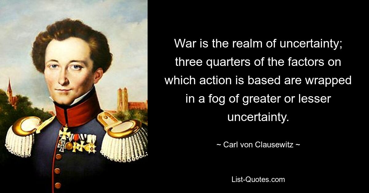 Война — царство неопределенности; три четверти факторов, на которых основывается действие, окутаны туманом большей или меньшей неопределенности. — © Карл фон Клаузевиц 