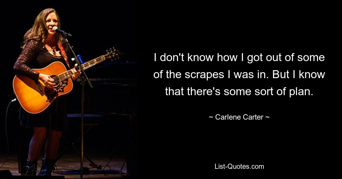 I don't know how I got out of some of the scrapes I was in. But I know that there's some sort of plan. — © Carlene Carter