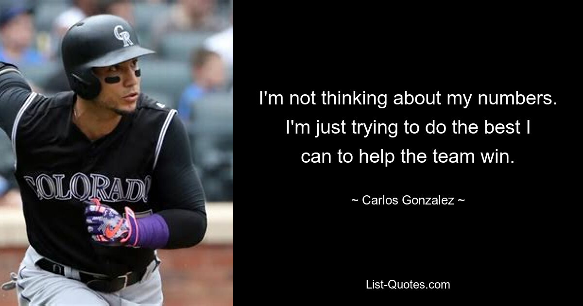 I'm not thinking about my numbers. I'm just trying to do the best I can to help the team win. — © Carlos Gonzalez