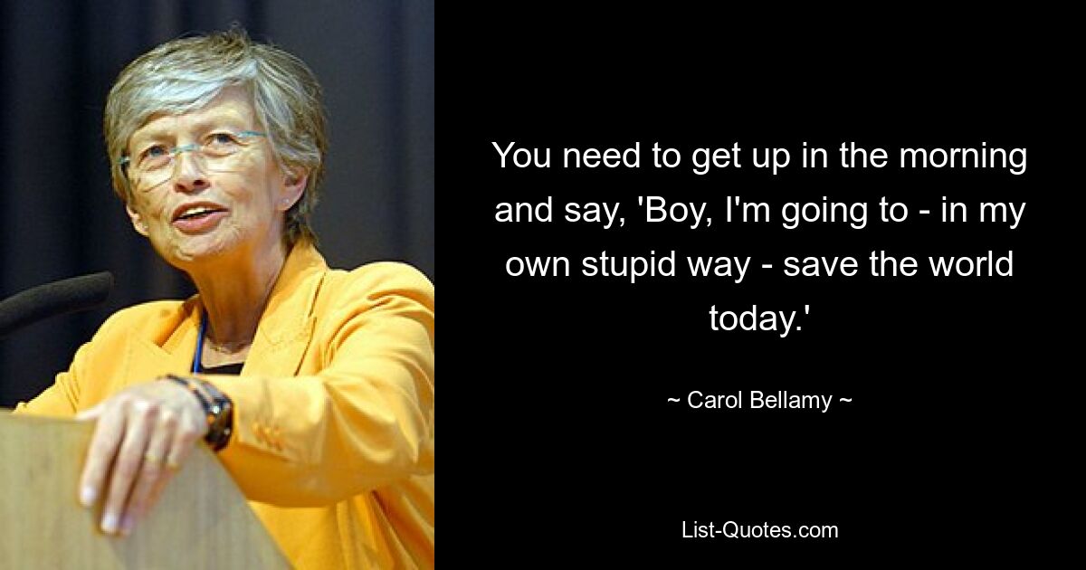 You need to get up in the morning and say, 'Boy, I'm going to - in my own stupid way - save the world today.' — © Carol Bellamy