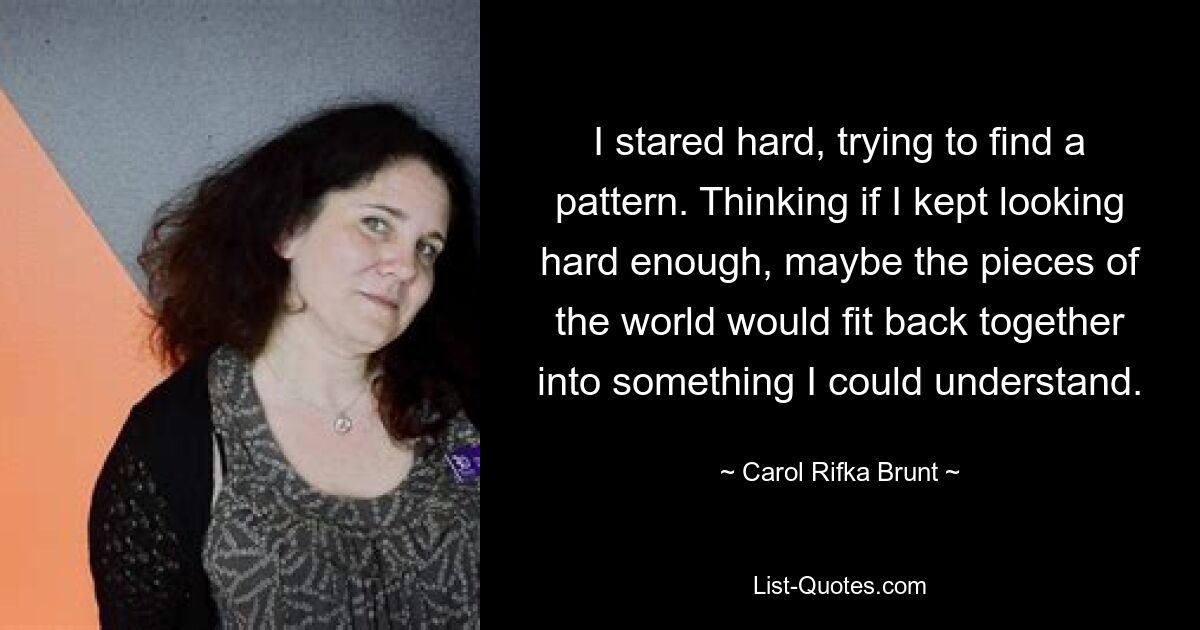 I stared hard, trying to find a pattern. Thinking if I kept looking hard enough, maybe the pieces of the world would fit back together into something I could understand. — © Carol Rifka Brunt