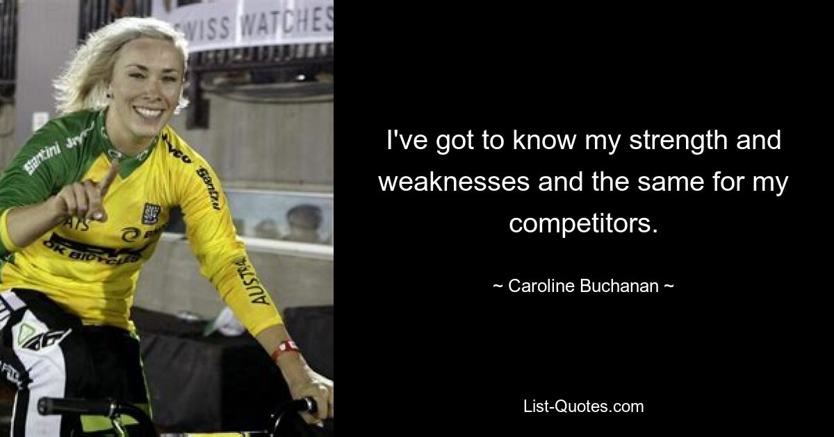 I've got to know my strength and weaknesses and the same for my competitors. — © Caroline Buchanan