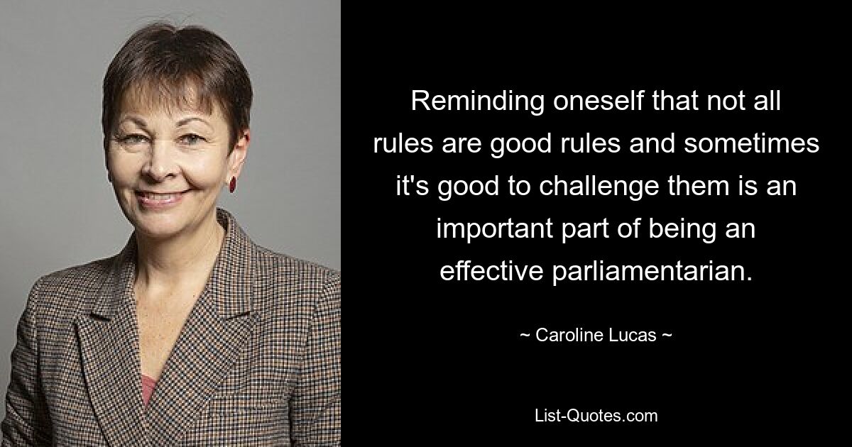 Reminding oneself that not all rules are good rules and sometimes it's good to challenge them is an important part of being an effective parliamentarian. — © Caroline Lucas