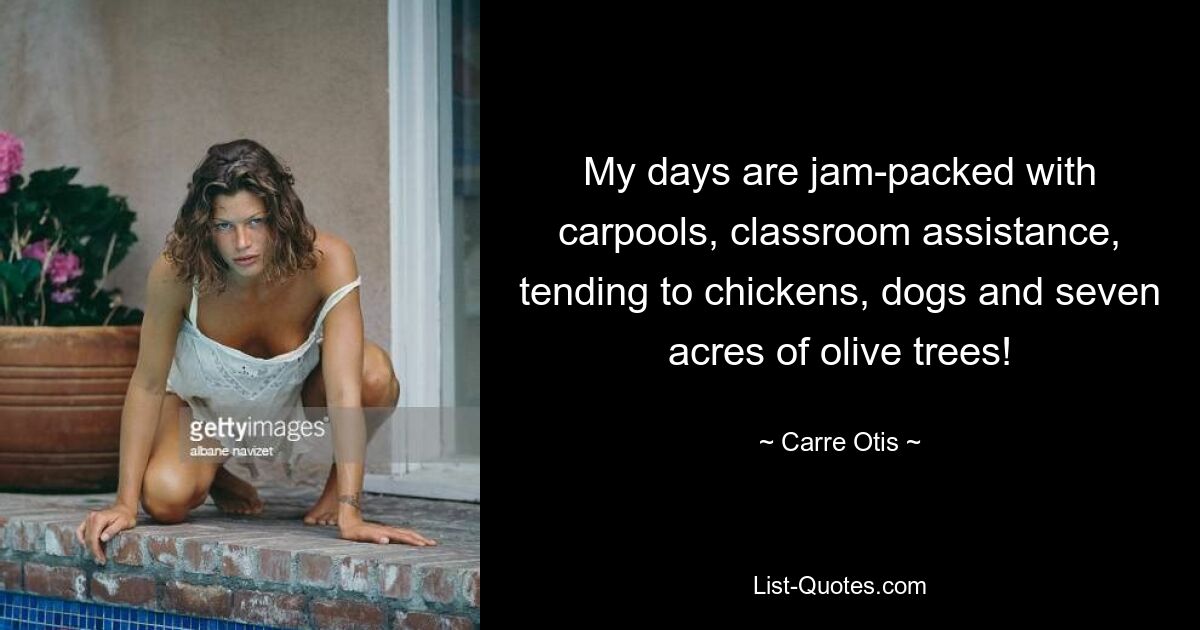 My days are jam-packed with carpools, classroom assistance, tending to chickens, dogs and seven acres of olive trees! — © Carre Otis