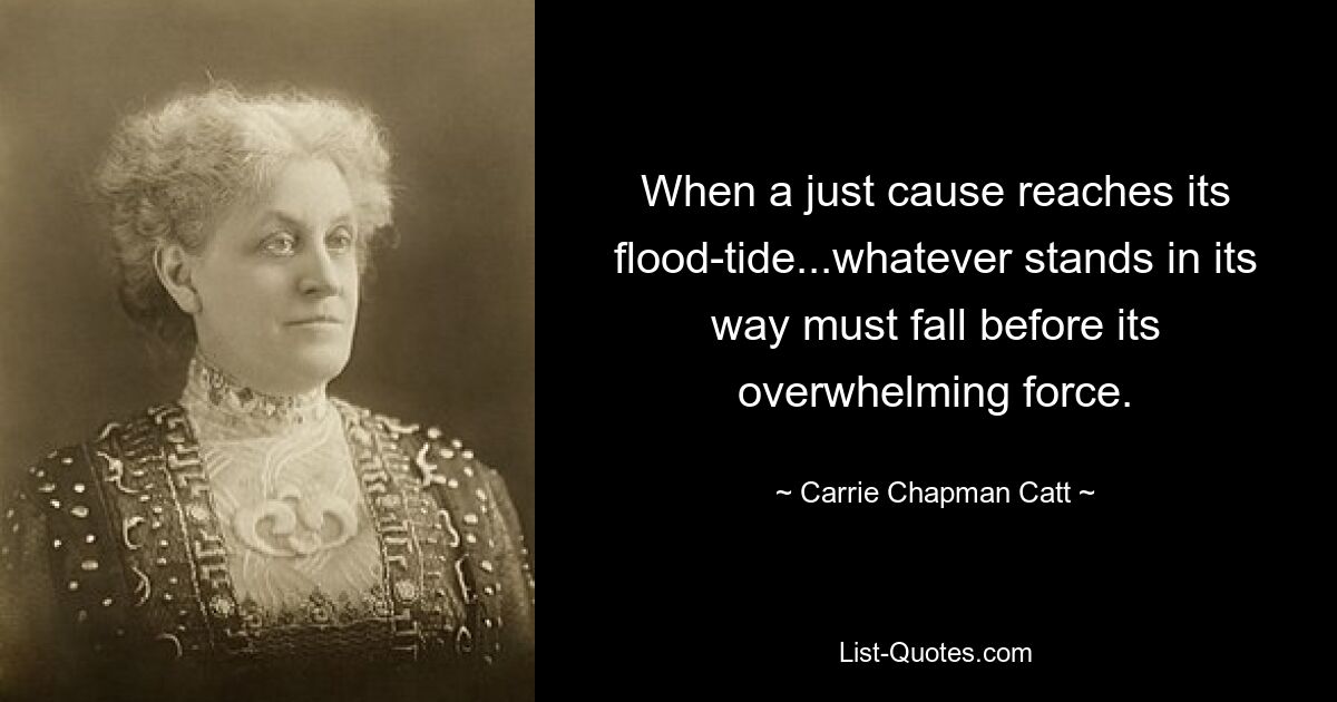 When a just cause reaches its flood-tide...whatever stands in its way must fall before its overwhelming force. — © Carrie Chapman Catt