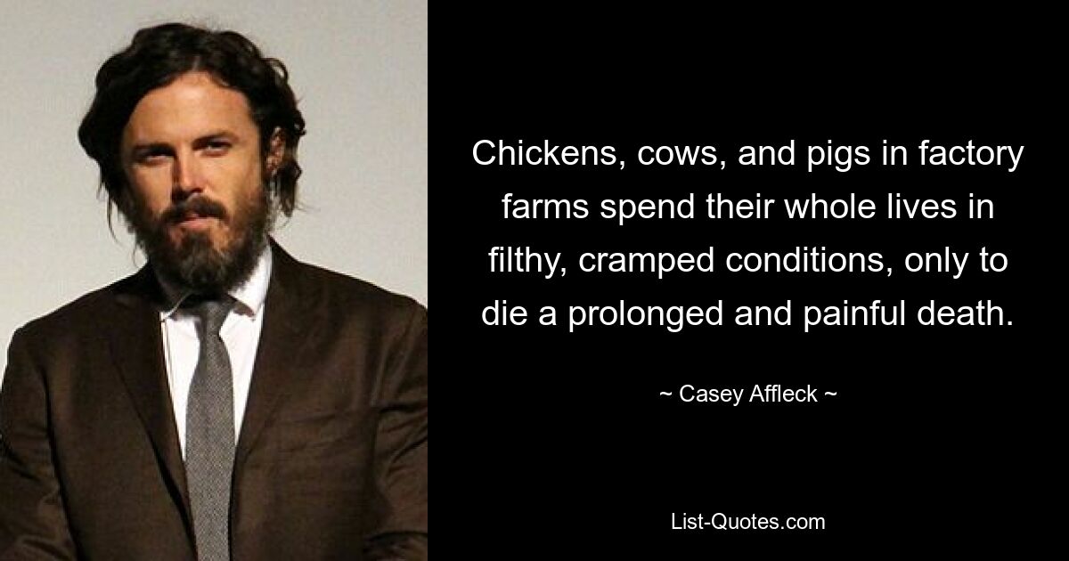 Chickens, cows, and pigs in factory farms spend their whole lives in filthy, cramped conditions, only to die a prolonged and painful death. — © Casey Affleck